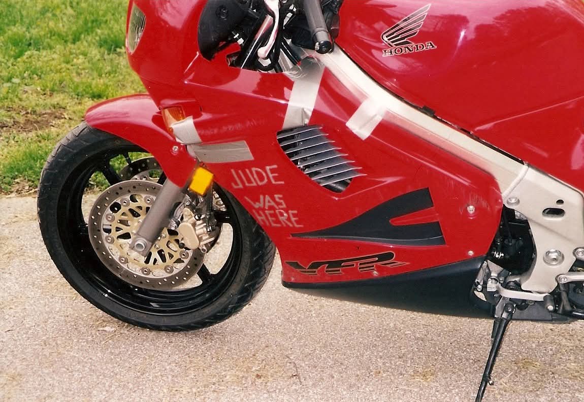 Jude was here scratched
onto his bike